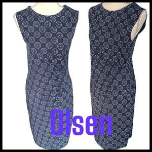 OLSEN Europe Navy White Circle Sleeveless Ruche Waist Below Knee Dress (S)